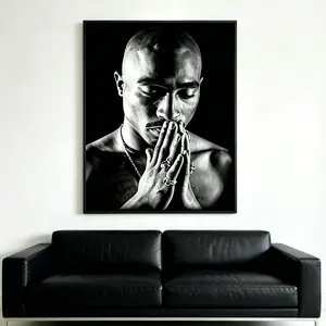 Tupac Shakur Praying Poster, 2Pac Black and White Portrait Print, American Rapper Hip Hop Wall Art, Retro Rap Music Aesthetic Decor for Bedroom, Living Room, Man Cave, Frameless