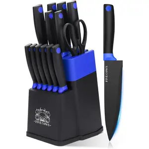 14 Pcs Knife Block Set with Sharpener German High Carbon Stainless Chef,-&, Lightweight Anti-Slip Handle, Set for Home & (Blue)
