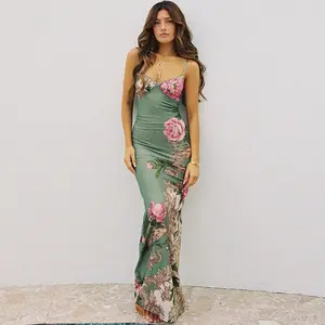 Spaghetti Strap Floral Print Bodycon Maxi Dress | Sleeveless Slim Cami Dress