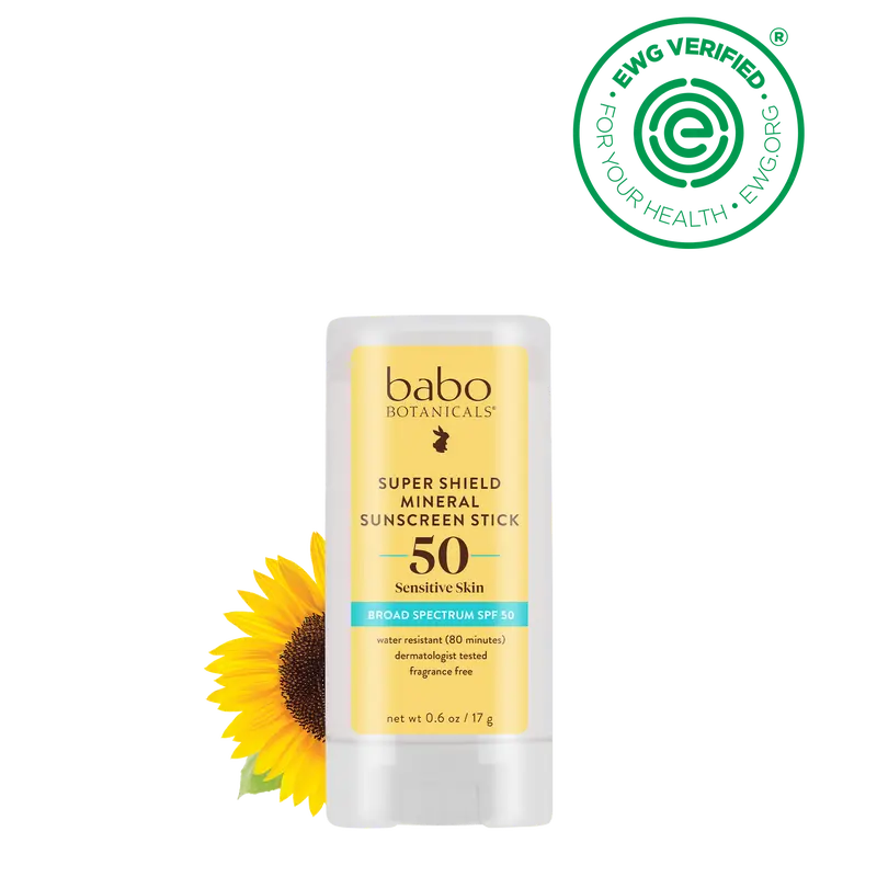 Babo Botanicals Super Shield Mineral Sunscreen Stick SPF 50 – Sensitive Skin – Broad Spectrum SPF 50 – Water Resistant (80 Minutes) – Dermatologist Tested – Fragrance Free – EWG Verified – net wt. 0.6 oz (17 g)