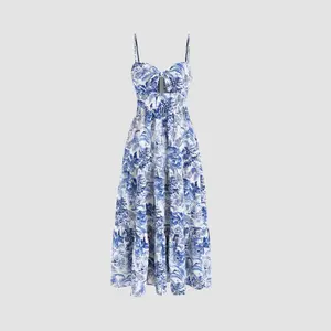 Cider [2 colors, size 0-26] V-neck Landscape Painting Cut Out Knotted Cami Midi Dress