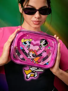 THE POWERPUFF GIRLS X SHEIN Cute Half-Transparent Blossom, Bubbles, Buttercup Heart Pattern Cosmetic Bag With Heart Print, Valentine's Day