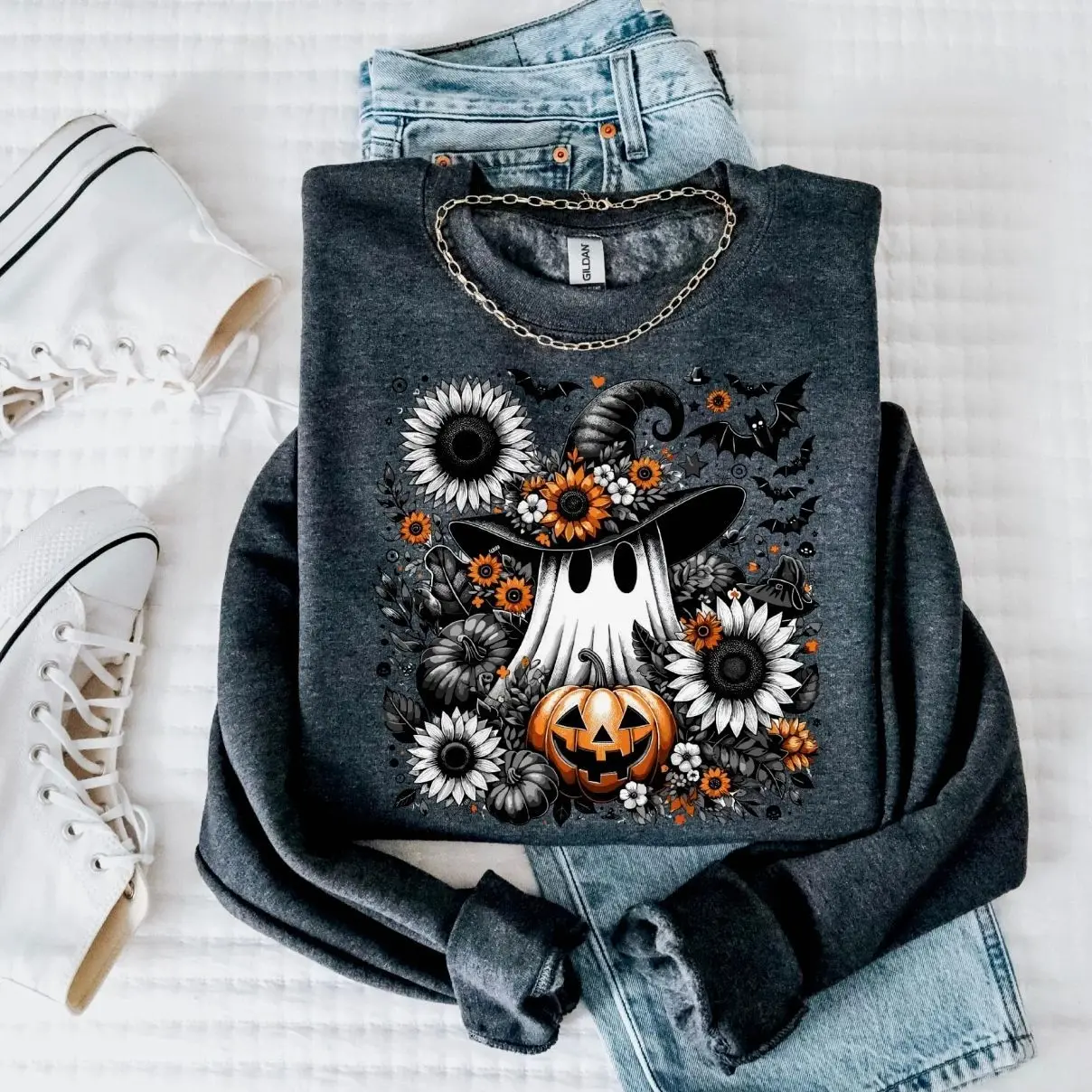 Floral Ghost Sweatshirt, Cute Witch Ghost with Flowers Sweatshirt, Gothic Halloween Sweatshirt, Pumpkin and Bats Spooky Season Sweatshirt, Cozy Fall Gift for Women & Men