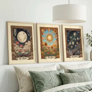 3pcs/set Frameless Tarot Card Wall Art, Wall Art Painting, Retro Celestial Plant Prints,Sun,Moon and Star,Home Decor Lotus Tarot Canvas Prints Poster Boho Botanical Crescent Art Prints Home Decor Art Poster Ramadan Gifts