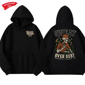Sweat Over Debt Hoodie, Skull Worker Hammer & Cash Graphic, Workman Trading Co Graphic Hoodie for Construction Workers & Blue Collar Men, Motivational Gift
