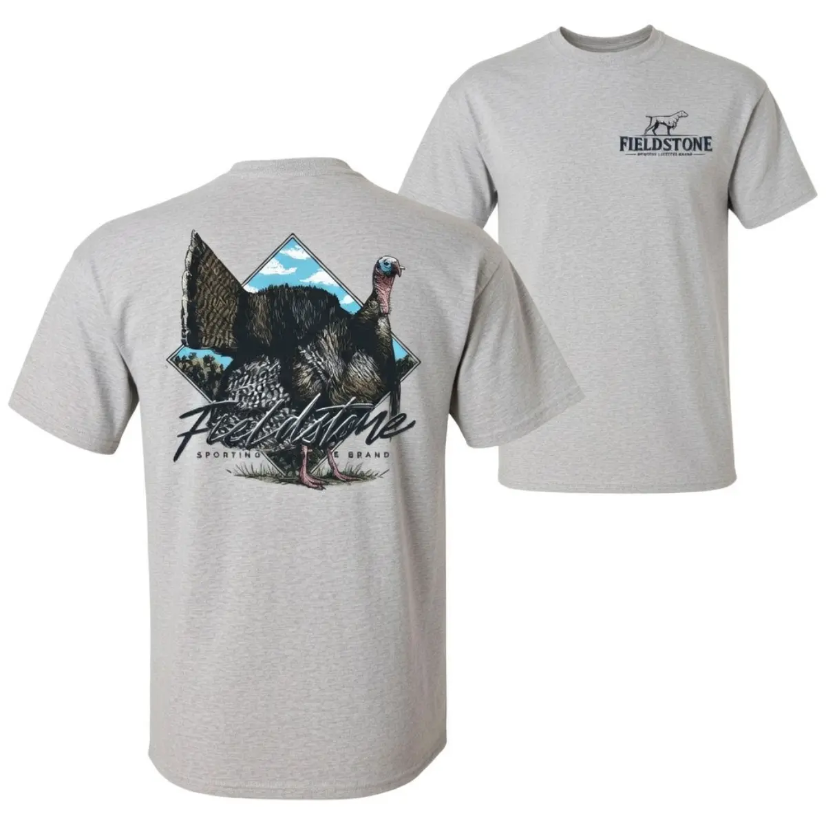 Fieldstone Turkey Hunting Graphic T-Shirt, Turkey Season,  Features Large Wild Turkey Illustration With Mountain Background And Fieldstone Script On Back With Small Fieldstone Logo On Chest, Hunting Brand Outdoor