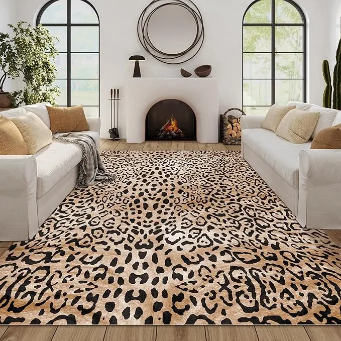 Leopard Rug Round Area Rugs Washable Print Non-Shedding Round Rug Soft Non-Slip Circle Carpet for Bedroom Living Room Dining Room Nursery Kitchen