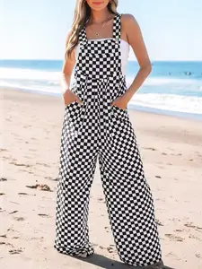 Women's Checkered Jumpsuit - Black and White Plaid Design for Casual Wear Adjustable Fashion Fit Womenswear Chic Loose Overalls Pockets