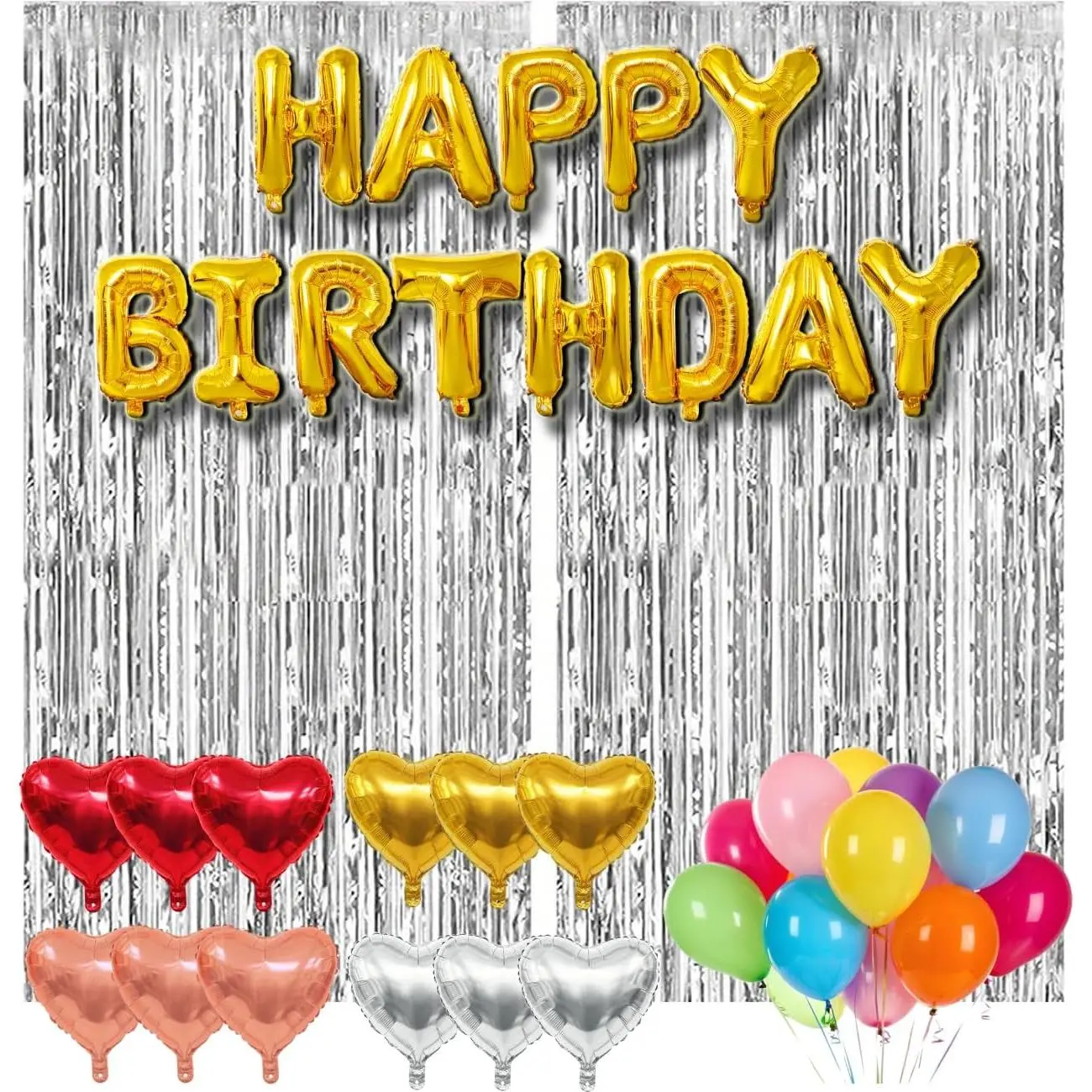 77-Piece Silver Happy Birthday Party Decorations Kit - Happy Birthday Banner, Silver Foil Tinsel Streamers Backdrop, 4-Color Heart Balloons & 50 Colorful Balloons for Teens, Adults, Colored Balloon Balloons, Decorative Letter Balloons