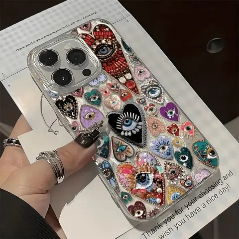Boho Evil Eye Heart Case for iPhone 17/16/15/14/13/12/11 Pro Max/Pro/Plus/Air Beaded Holographic Shockproof Slim Fit TPU Material Eclectic Art Aesthetic Colorful Cellphone Cover Protection Smartphone Casing