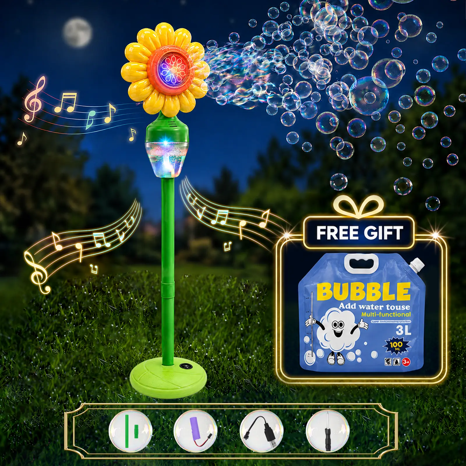 [Summer toys] New Sunflower Automatic Bubble Machine Includes Bubble Solution – Standing & Handheld 2-in-1, Adjustable Height Bubble Blower with Lights & Music, Rechargeable Outdoor Toy for Kids for Parties, Birthdays, Weddings, Easter Gift
