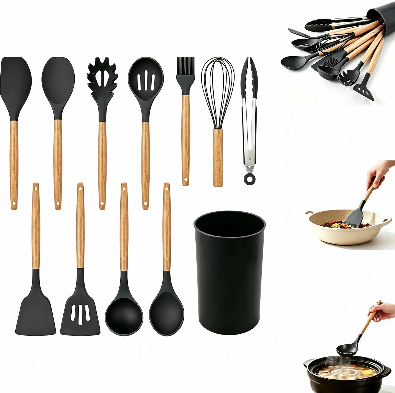 12-Piece Wooden Hanging Silicone Kitchen Utensils Set with Silicone Tips - Non-Scratch Pasta Fork & Food Prep Utensils, Cooking Gear with Holes for Nonstick Cookware (Spoons, Clips, Turner Included)