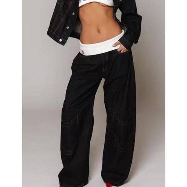 American-Style Vibe Ribbed Waistband Wide-Leg Jeans For Women, Street Style Hot Girl Straight Leg Loose Slimming Floor-Length Pants, Retro Washed Relaxed Feel Jeans, Low-Waisted Autumn And Winter New American Loose Straight Leg Pants, daily pants for wome