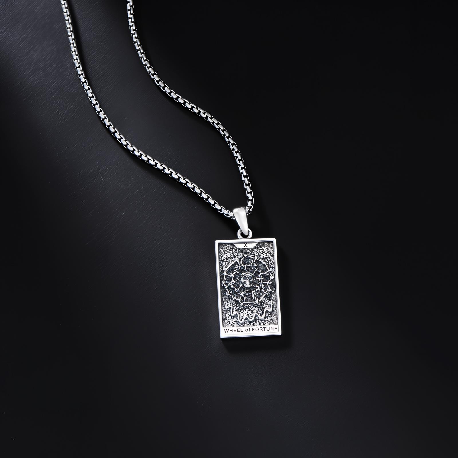 MEIDERBO Dream Chaser Wheel of Fortune Necklace 925 Sterling Silver Oxidized Finish Tarot Pendant Stainless Steel Bead Chain 22+2 Inch Bella Chain Lucky Jewelry