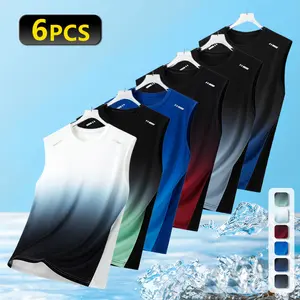 Men’s ultra-thin loose summer tank top with a stylish gradient print and crew neck design; breathable athletic vest suitable for outdoor running and activities.