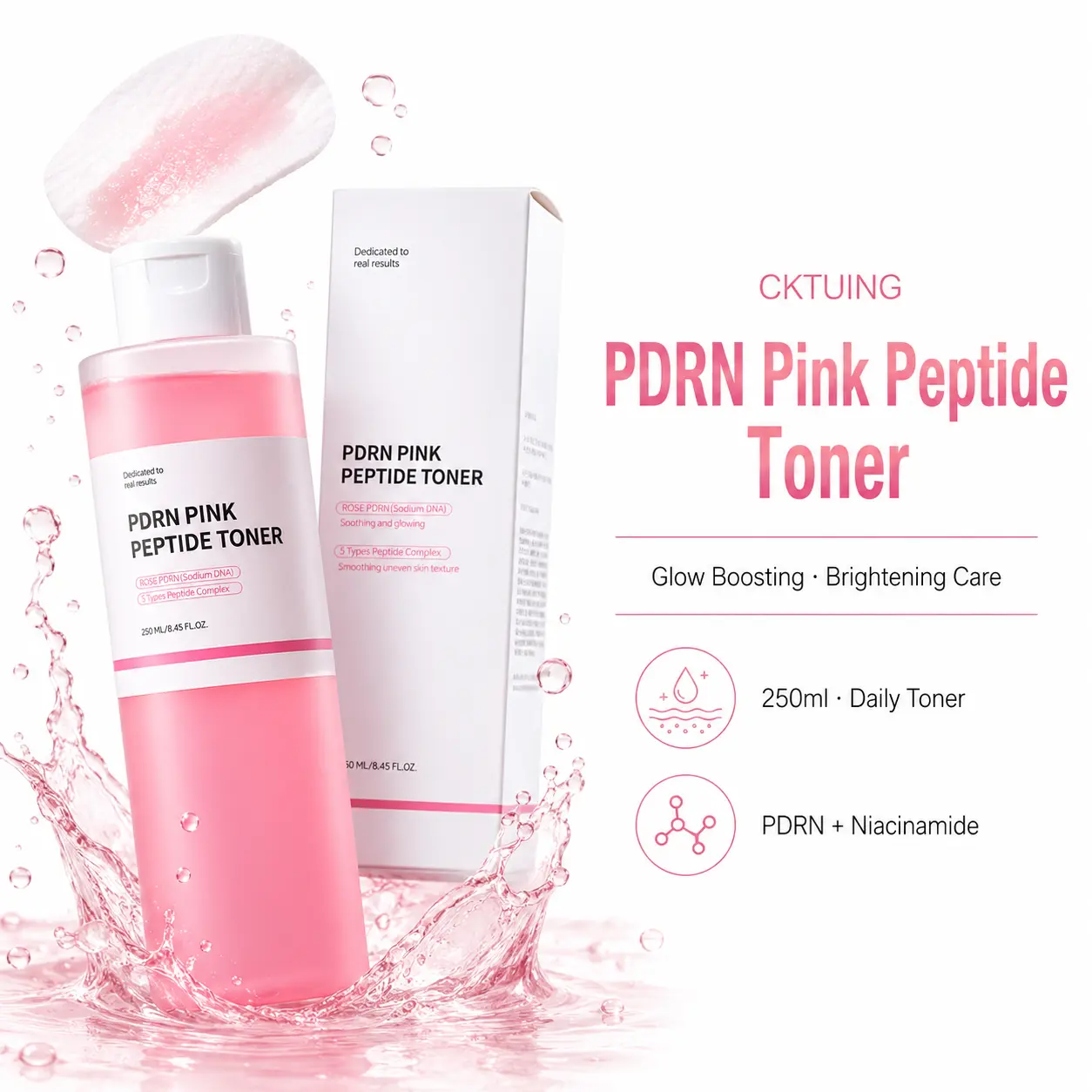 K-Beauty 80% PDRN & 5 Peptide Toner - 250ml/8.45 fl oz, Lightweight Glow-Boosting Formula for All Skin Types, Deep Hydration & Skin Longevity Support, Pink Aesthetic, No Heavy Finish