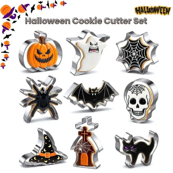 Halloween Cookie Cutters Set, 9 PCS Stainless Steel Cookie Cutters for Baking, Pumpkin, Ghost, Bat, Cat, Skull, Spider, Witch Hat & Tombstone