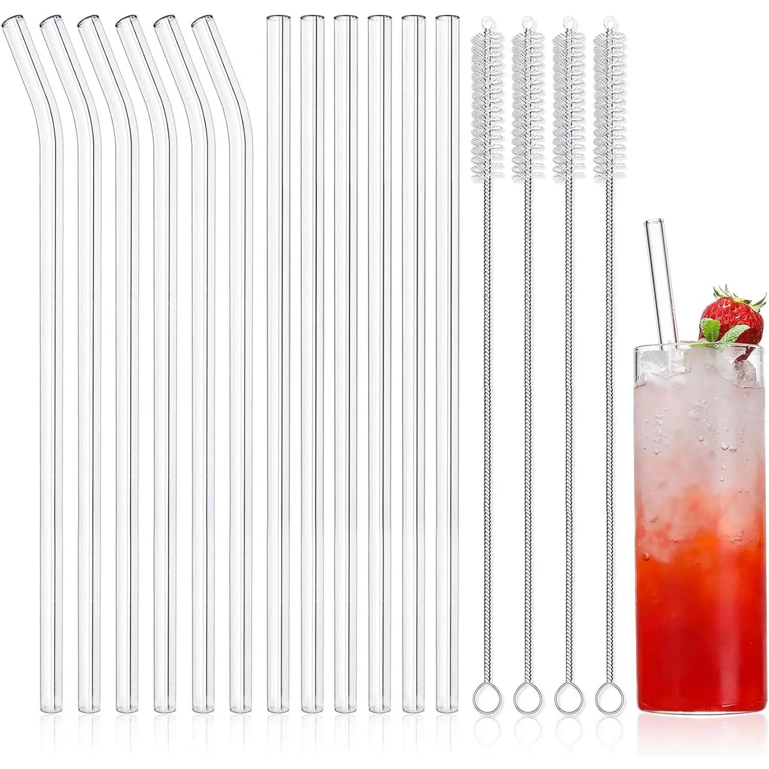 16-Pack Reusable Glass Straws, Clear Glass Drinking Straw, 10''x10 MM, Set of 6 Straight and 6 Bent with 4 Cleaning Brushes -  for 16 oz Glass Cups, Milkshakes, Juice - Dishwasher Safe