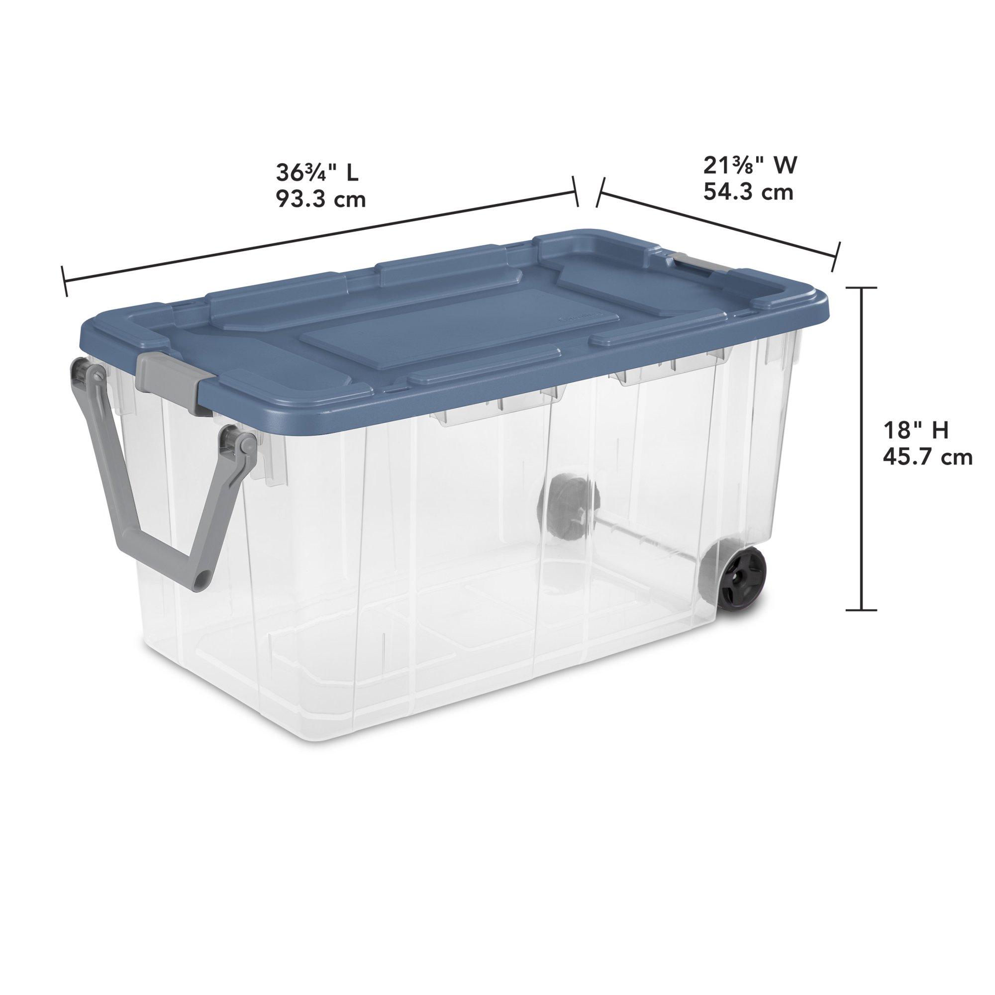 Sterilite 160 Quart Wheeled Storage Box, Extra Large Durable Clear Plastic Bin, Latch Lid, Blue, 2 Count