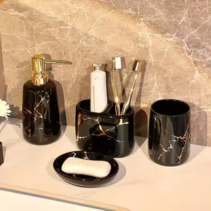 4-Piece Ceramic Marble Pattern Bathroom Set, Includes Soap Dispenser, Toothbrush Holder, Soap Dish, and Mouthwash Cup