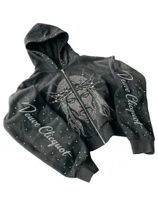 Streetwear Hip-Hop Zip-Up Hoodie Yellow Crystal Embellished Comic Embroidery Cropped Sweatshirt Menswear 100% Polyester - Casual Fashion - Sleeve, Black