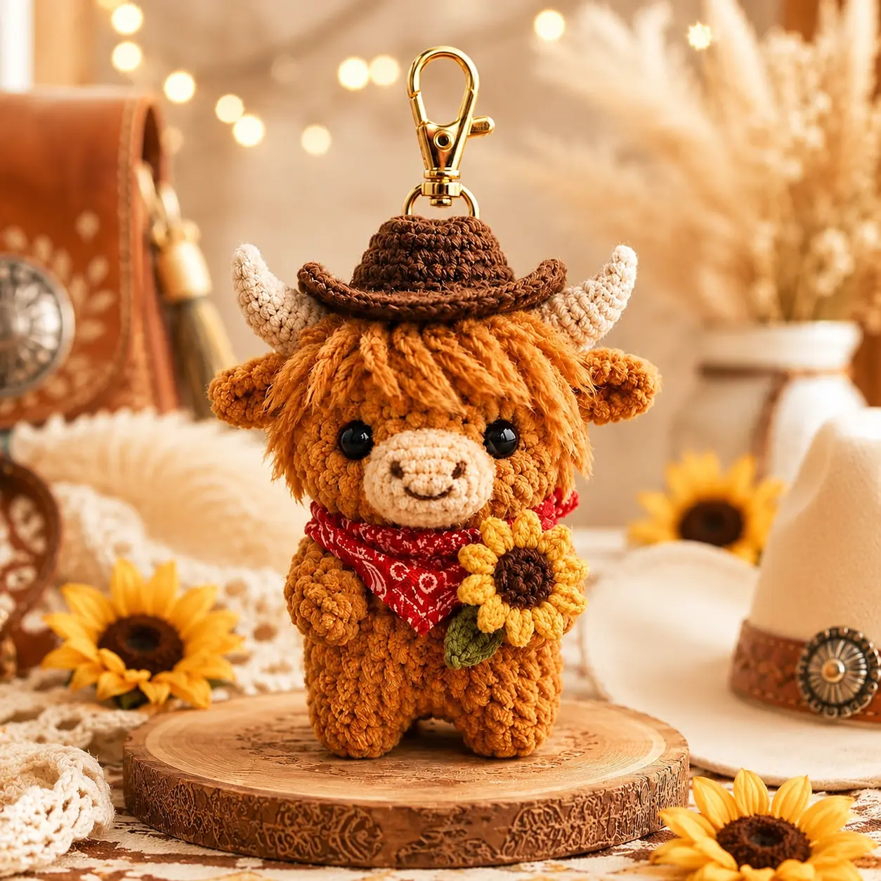 Crochet Highland Cow Keychain with Cowboy Hat & Sunflower, Cute Western Bag Charm, Cowgirl Gift, Amigurumi Purse Charm