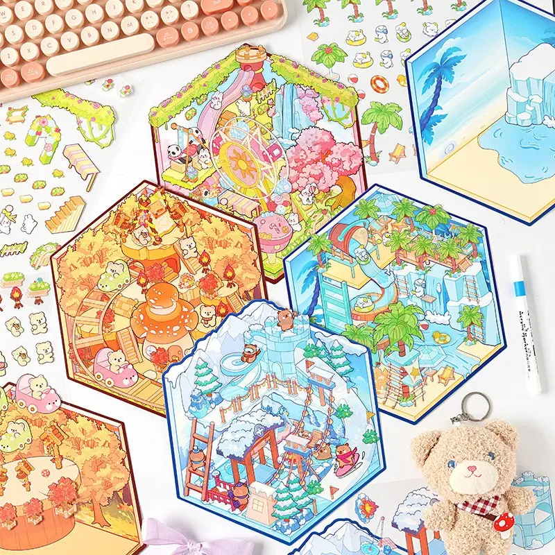 12 Pcs Large Size 3D Scene Stickers, Cute Cartoon Decorative Stickers, Perfect for Kids Room Decoration, Wall Art, Party Supplies, Sticker Set
