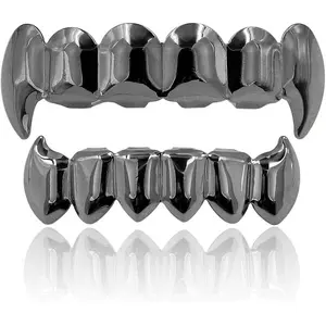 JINAO Vampire Teeth Fang Grillz 18K Gold Silver Plated Hip Hop Fangs Top Bottom Teeth Grills for Your Teeth Set for Men and Women