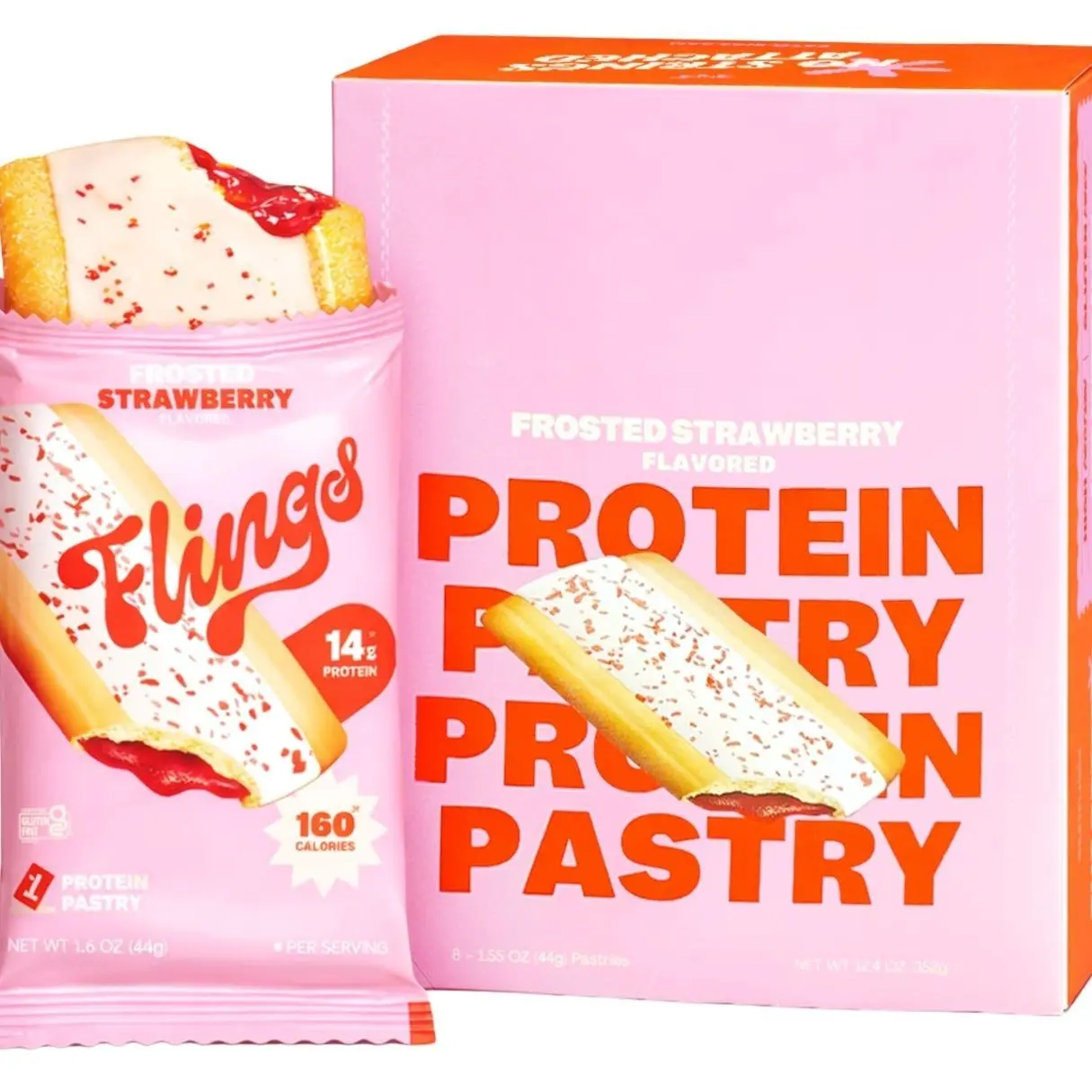 Flings Protein Pastries – 14g Protein, 4g Fiber, 160 Calories – Low Sugar Protein Snack Bars – Gluten Free – Frosted Strawberry (8 Pack)