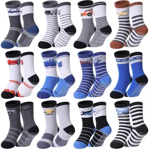 SQ-SOK009 Toddlers Boys Non Slip Grip Socks Crew Cotton Socks with Grippers - 12 Pairs