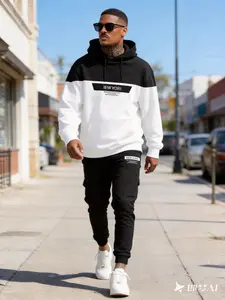 Men's Autumn & Winter Grey Hoodie & Sweatpants Set: Black-Grey Color Block Design, Simple & Elegant Style – Trendy Outfit for Casual Wear, Outdoor Activities, Dates & Street Scenes