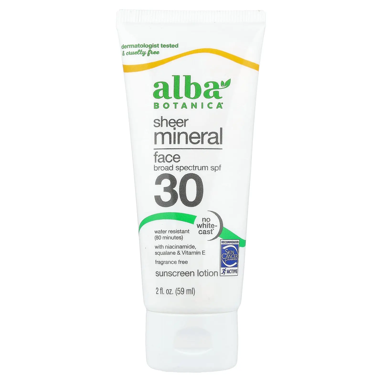 Alba Botanica Sheer Mineral Face Sunscreen Lotion, SPF 30, Fragrance Free, 2 fl oz (59 ml)