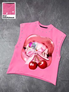 Men's Summer Rivet Lip Cherry Print Tank Top, Y2K Lip Bow Cherry Geometric Pattern Sleeveless T-Shirt, Casual Street Style, Unisex Summer Wear
