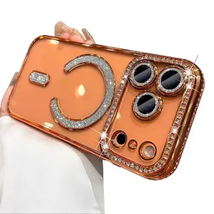 Magnetic Glitter Diamond for iPhone 17 Pro Max 17 AIr iPhone 16 15 14 13 Pro Max Case, Compatible with MagSafe, Sparkle Rhinestone Camera Lens Protector Plated, Crtstal Clear Slim Military Drop Shockproof Cover