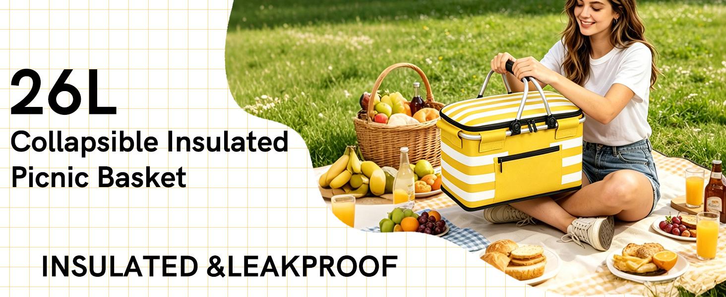 Yellow Insulated Picnic Basket,Leak-Proof Collapsible Cooler Bag,26L Grocery Basket with Lid,2 Sturdy Handles,Storage Basket for Picnic,Food Delivery,Take Outs,Market Shopping,Travel