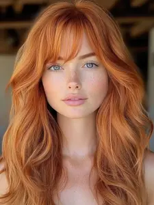 Fashion New Medium Long Curly Orange Brown Wigs with Bangs, Synthetic Hair Wig Women's Wigs for Ordinary Work, Life, Dance Parties and All Occasions