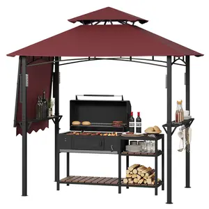 Home 8x5 ft Grill Gazebo with Awning, Outdoor Heavy Duty Q235 Steel Frame Outdoor BBQ Canopy, Double Tier Roof with LED Lights, Side Shelves and Hooks for Patio Backyard