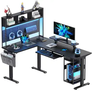 Flycity Electric L-Shaped Standing Desk 67" x 47" Corner with Host Shelf, Gaming Desk with LED Lights, Dual Motor Ergonomic Adjustable