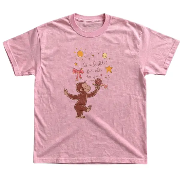 Curious George Monkey Be A Light Vintage Graphic T-Shirt, Cute Coquette Pink Y2K Aesthetic Tee, Retro Cartoon Style Shirt