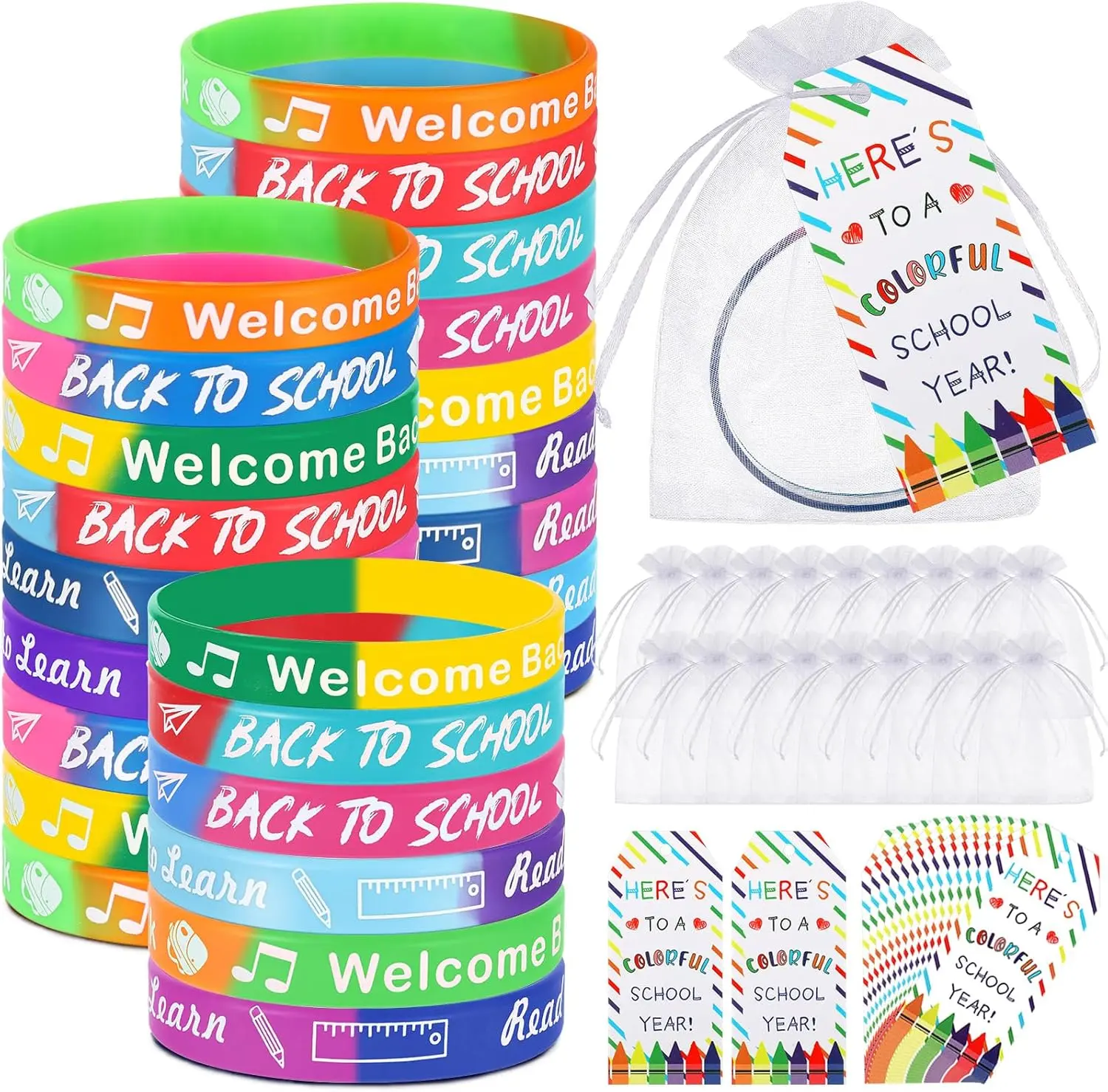 24/40 Pack Back to School Silicone Bracelet Gifts for Students, Motivational Rubber Wristbands for Kids, First Day of School Welcome Gifts, Classroom Prizes, Non-Candy Party Favors, 100th Day of School Rewards & Goodie Bag Fillers for Classmates