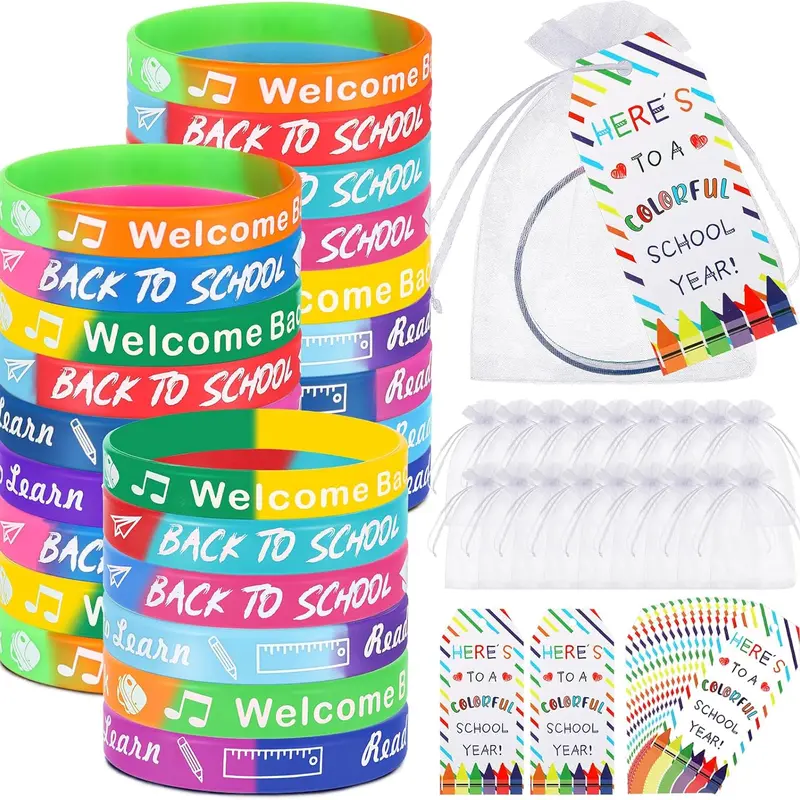 24/40 Pack Silicone Wristbands Gifts for Students, Back to School Motivational Bracelet Welcome Gift for Kids, First Day of School Welcome Gifts, Classroom Prizes, Non-Candy Party Favors, 100th Day of School Rewards & Goodie Bag Fillers for Classmates