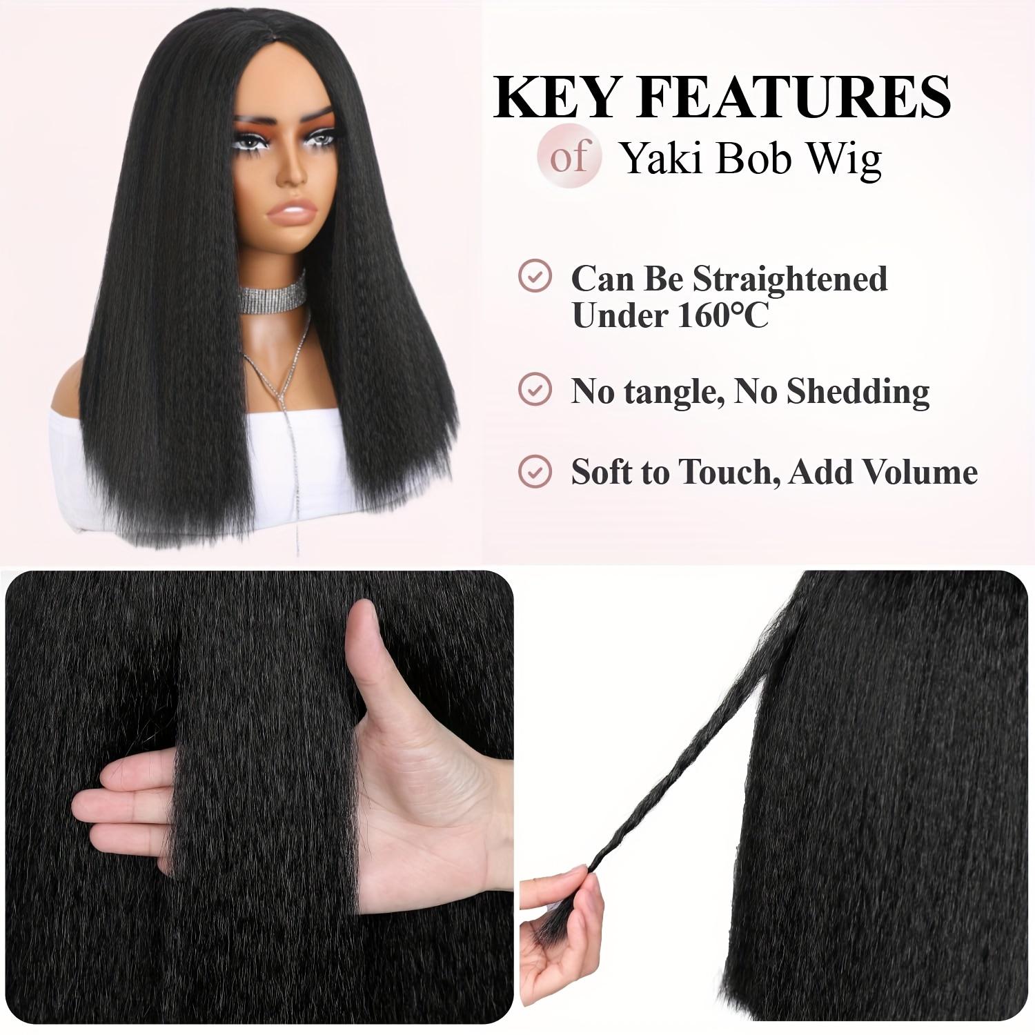 18-Inch Kinky Straight Black Bob Wig with Light Yaki Texture, Featuring a Density And a Middle Part, Perfect for Shoulder-Length Styles. Available in Synthetic Hair with Options in Black, Brown, Or Mixed Colors for Women