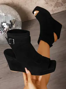 Summer Commute Wedge Sandals Women, Velvet Square Toe Buckle High Heel Sandals, Versatile Outdoor Wear Female Boots, Perfect for Dates
