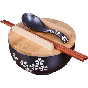 ramen noodle bowl black rice  with Lid Spoon ramen bowl noodle  with chopsticks