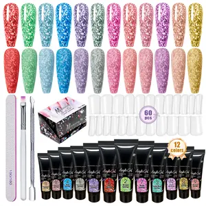 Poly Nail Gel Kit 12 PCS Diamond Poly Nail Gel Colors Nude Yellow Red Green Purple Blue Pink Glitter Poly Nail Gel Poly Extension Gel Nail Kit Gifts For Wome