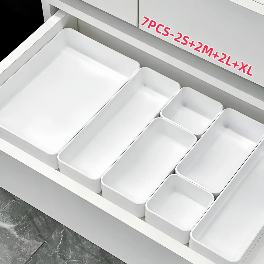 7 Pack Modular Drawer Organizer Trays, Multi-Size Free Combination White Plastic Drawer Divider Inserts, Custom Layout Storage Bins for Kitchen Utensils, Makeup Vanity, Desk Stationery, Bathroom Jewelry