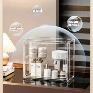 Large Transparent 2-Layer Cosmetic Organizer Box, Thick Display Case, Wall-Mountable Dustproof Makeup Storage, Luxury Bathroom Shelf