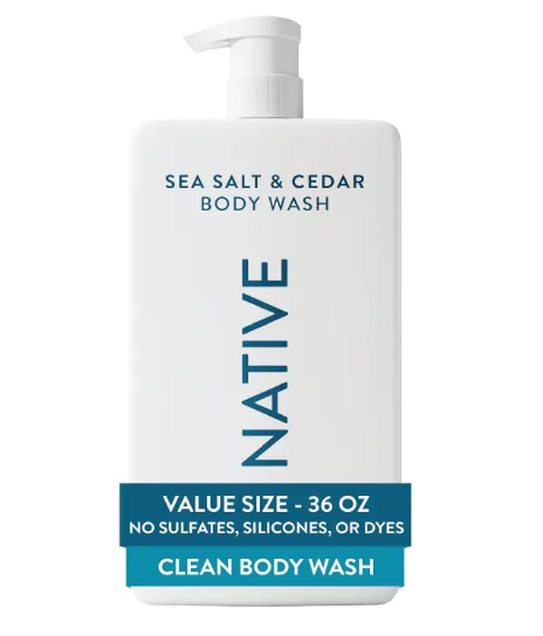 Native Clean Body Wash, Gentle & pH-balanced for Sensitive Skin, 24-Hr Freshness for Women & Men, Vegan & Cruelty-Free, Free of Sulfates, Parabens & Phthalates, Sea Salt & Cedar, 36 oz
