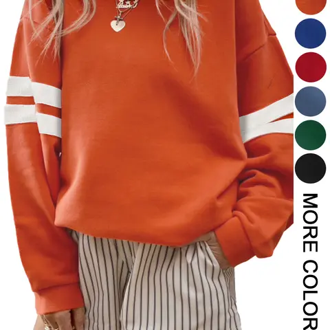 Women's Casual Sporty Loose-Fit Sweatshirt Crewneck for Fall and Winter, Long Sleeve Striped Design, Comfortable Oversized Drop-Shoulder Top, Lady Womenswear, Cozy Sweatshirts