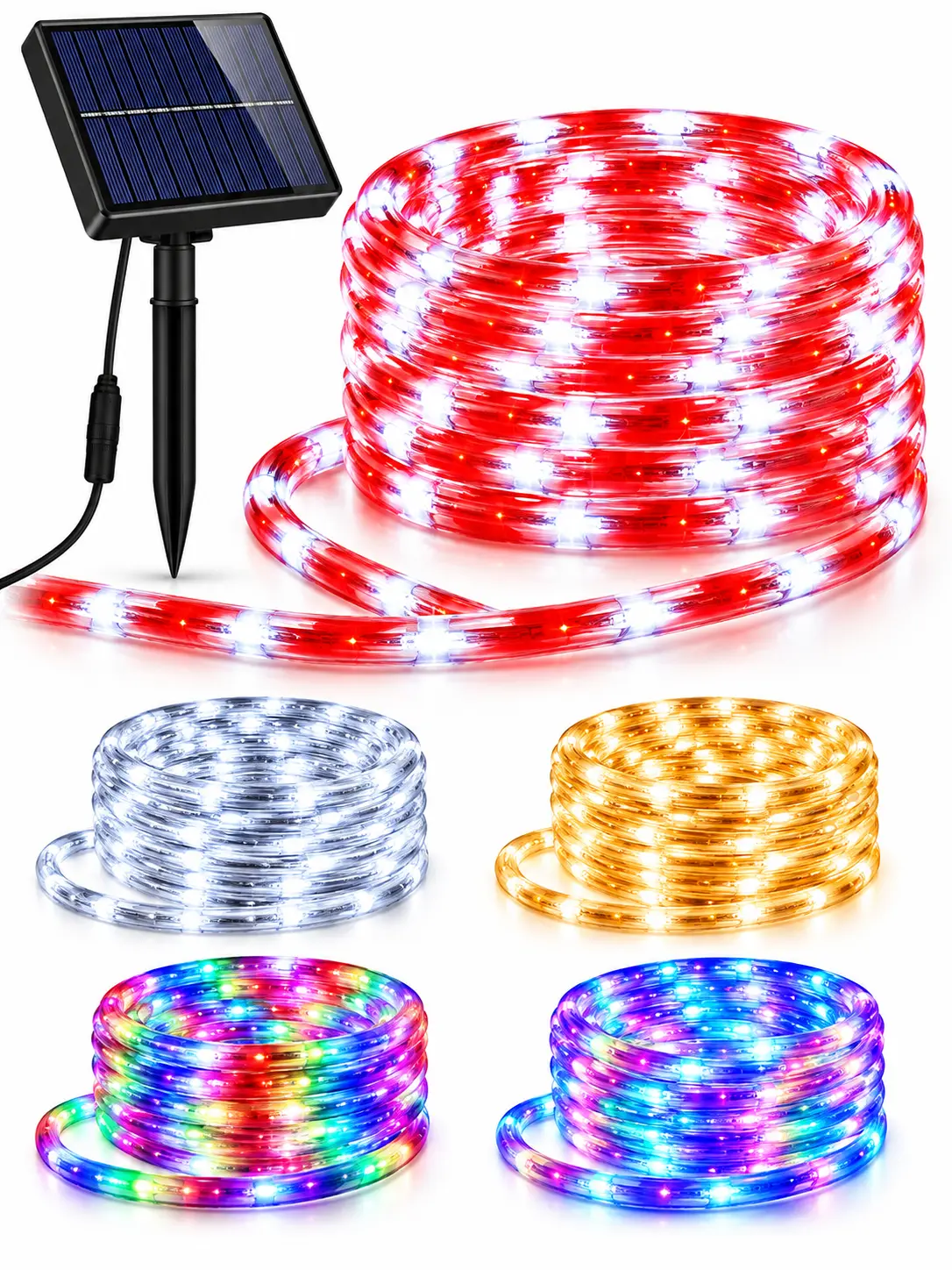 100 LED Outdoor Rope Lights – 33FT Solar & USB RGB Decorative Lights, Candy Cane, Cool White, Warm White & Multicolor for Halloween Christmas Garden Patio Yard Decor